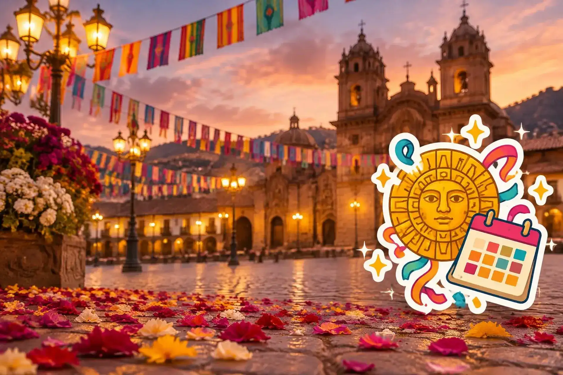 Cusco's Plaza de Armas at dusk decorated with bunting and flower petals
