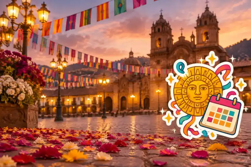 Cusco's Plaza de Armas at dusk decorated with bunting and flower petals