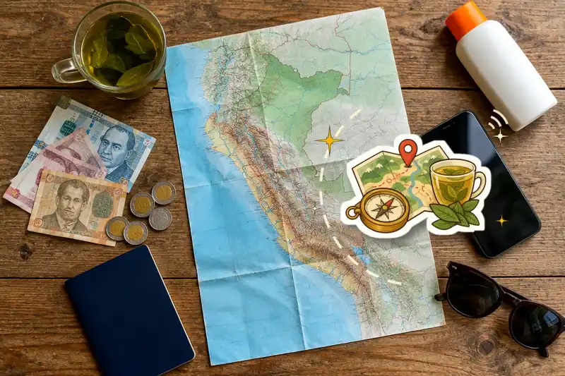 Map of Peru, Peruvian soles, passport and coca tea on a wooden table