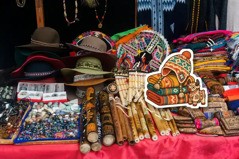 Andean souvenirs: textiles, chullo hats and handicrafts at a market