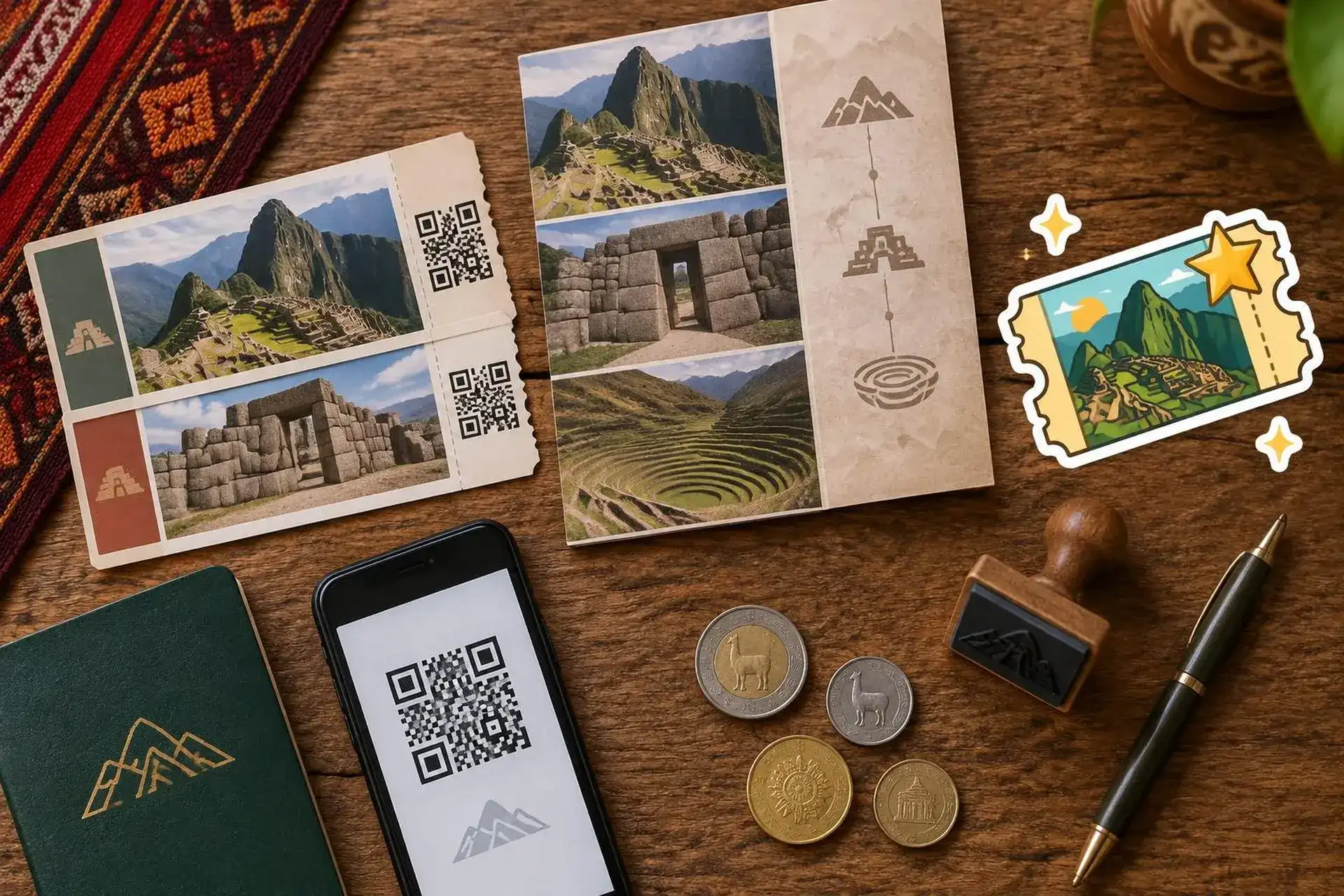Inca site tickets, a tourist pass and a QR code on a phone on a wooden table