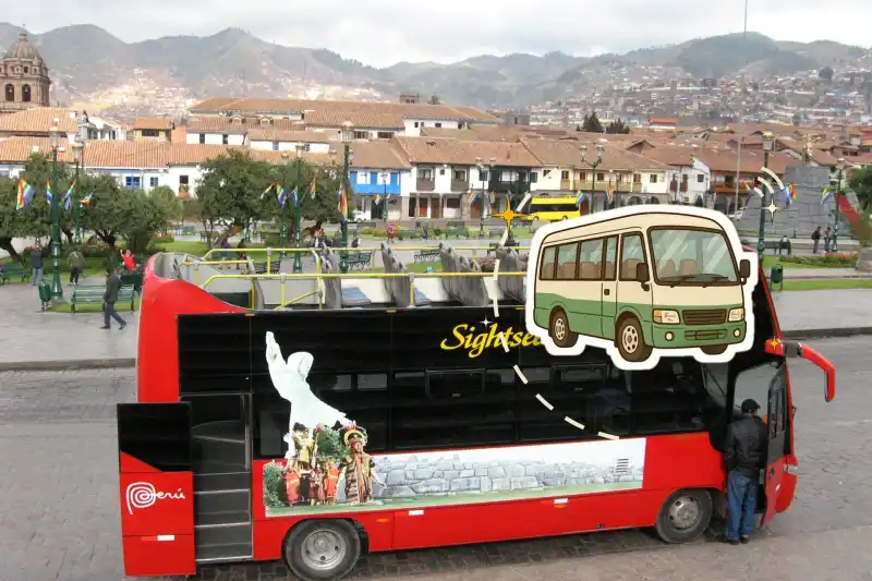 Sightseeing tour bus driving through Cusco