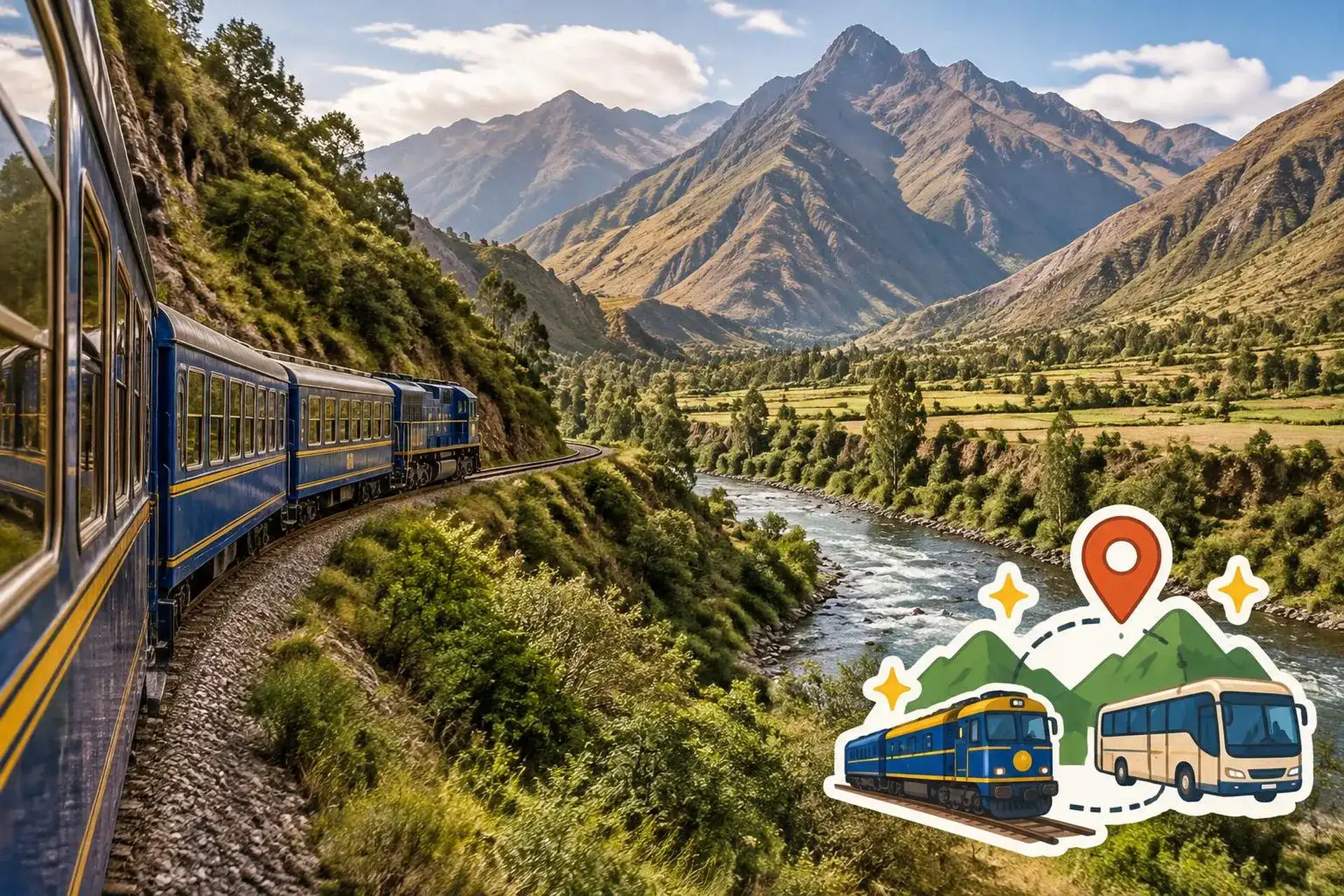 Blue tourist train running along the Urubamba river valley between mountains
