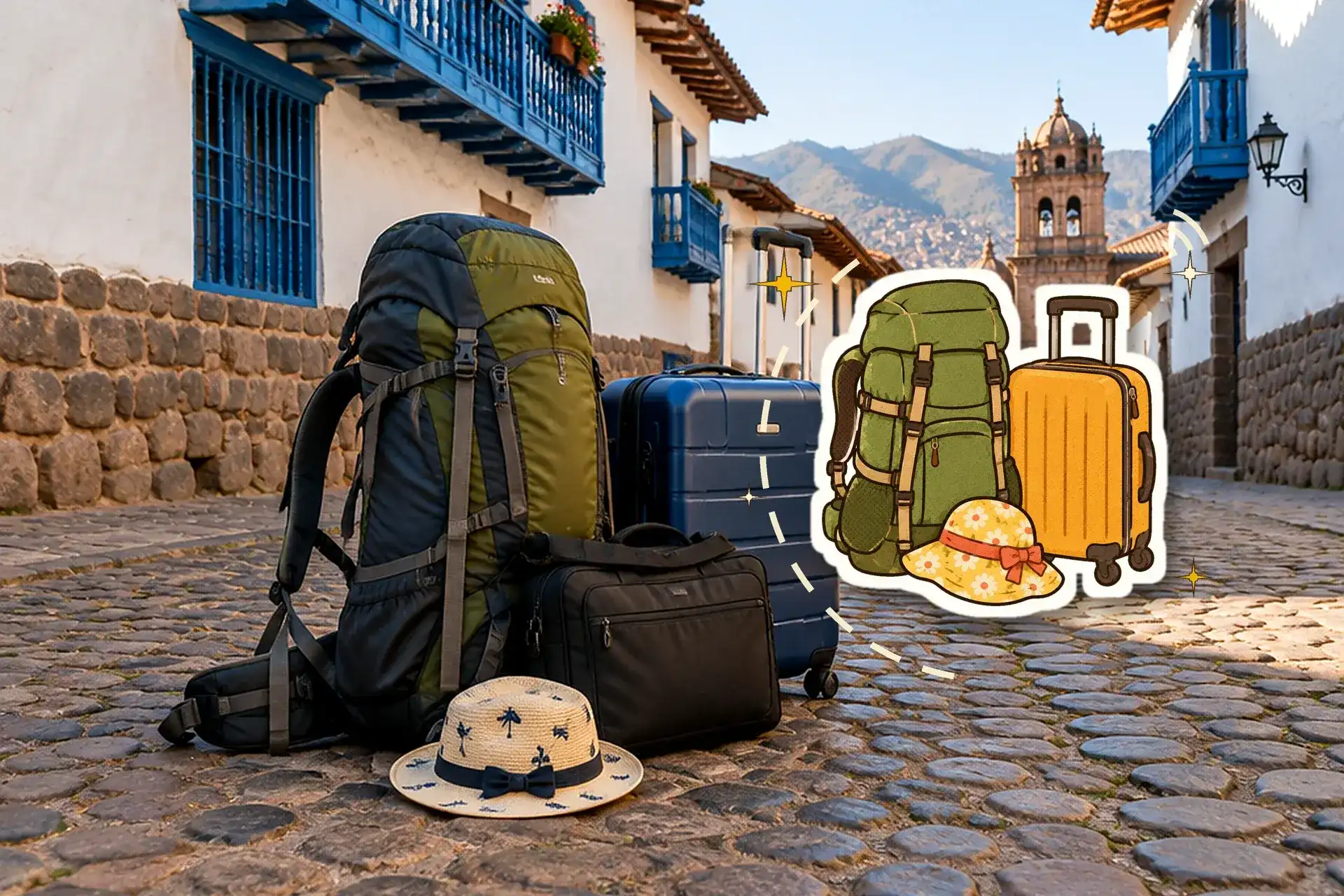 Backpack, suitcase and travel bag on a cobbled street in Cusco