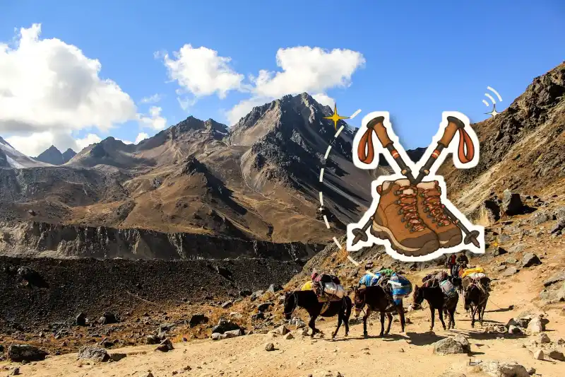 Andean trail on the Lares trek with pack mules and high peaks