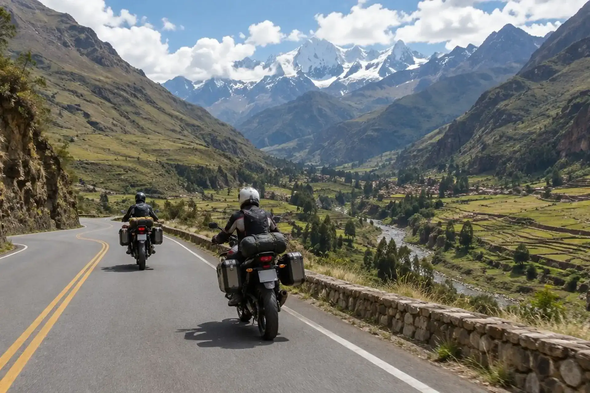 Adventure motorcycles on an Andean mountain road