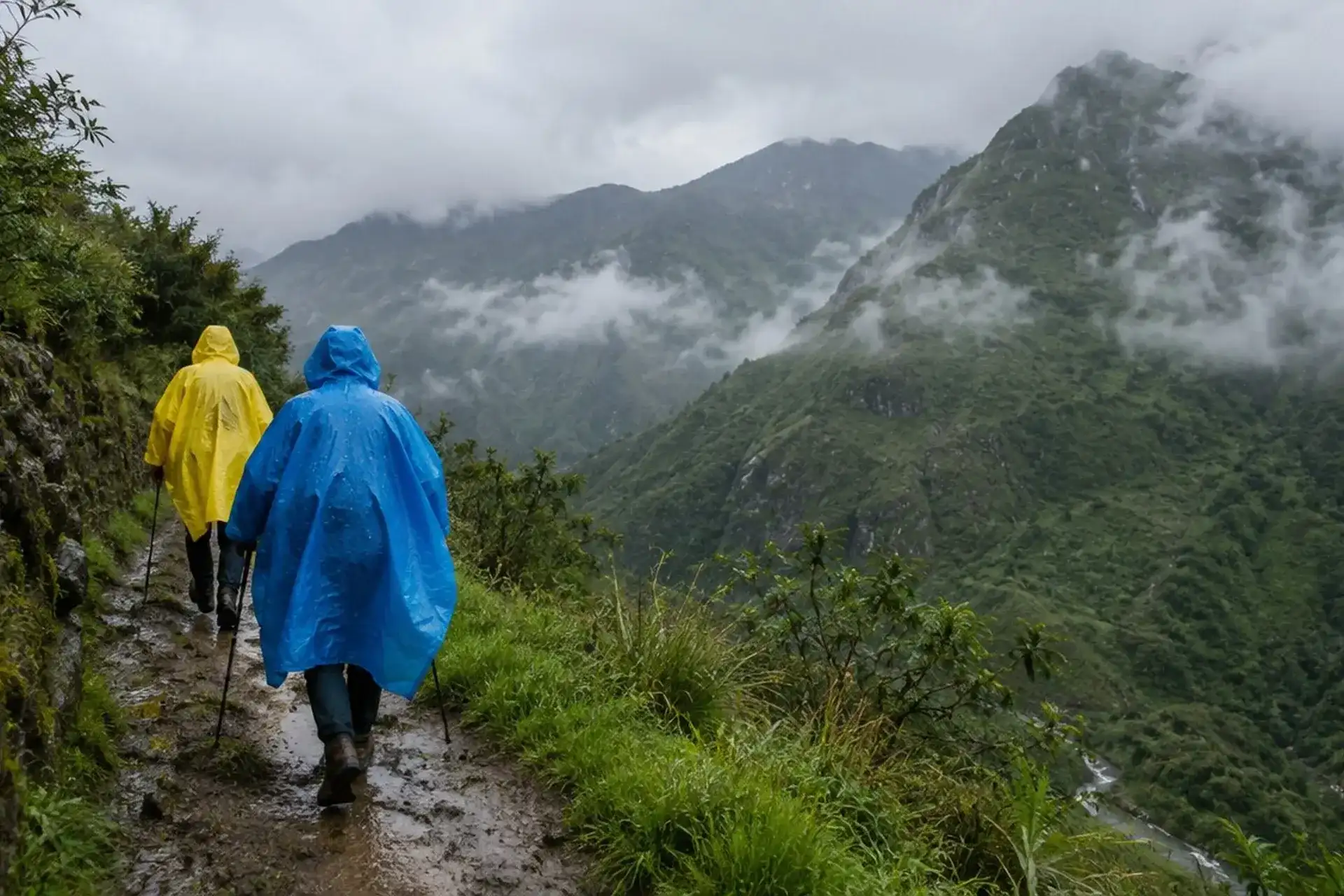 Hikers in rain ponchos on a green Andean trail